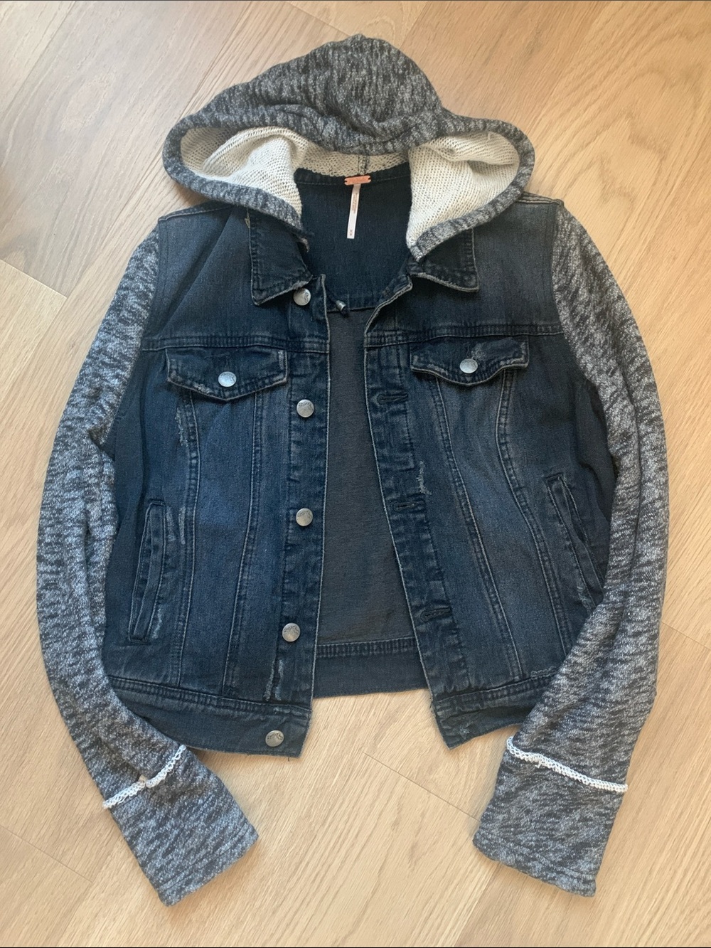 Free People Black Wash Denim Jacket with Gray Knit Hood & Sleeves